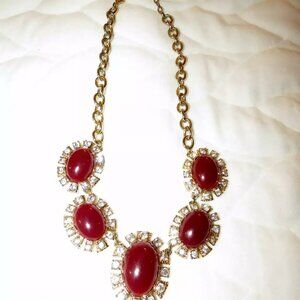 Vtg Goldtone Costume Red Rhinestone Bib Statement Necklace abt 17" w/ Extender